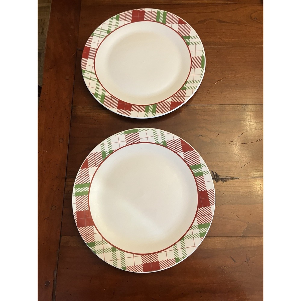 Set Of 2 Royal Norfolk Christmas‎ Holiday Red & Green Tartan Plaid Dinner Plates